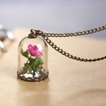Dried Wild Flower Glass Pendant Antique Necklace